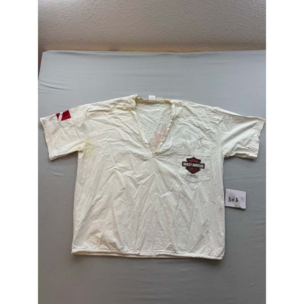 Vintage Harley Davidson Cozumel Mexico Flaming Tiger V-Neck Shirt White Large